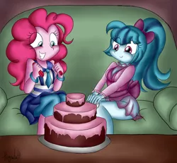 Size: 1024x948 | Tagged: safe, artist:queentigrel, derpibooru import, pinkie pie, sonata dusk, equestria girls, cake, candle, clothes, couch, hair bow, see-through, sleeping pills