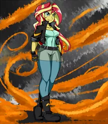 Size: 1040x1200 | Tagged: safe, artist:reiduran, derpibooru import, sunset shimmer, human, equestria girls, badass, boots, clothes, cosplay, costume, female, fiery shimmer, fingerless gloves, gloves, jacket, king of fighters, kyo kusanagi, pants, pyromancy, smiling, solo
