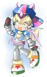 Size: 1316x2116 | Tagged: alicorn costume, artist:thegreatrouge, clothes, costume, crossover, derpibooru import, derpy hooves, fake horn, fake wings, humanized, megaman, megaman x, mighty no.9, nightmare night costume, robot, safe, scare master, solo, toilet paper roll, toilet paper roll horn, twilight muffins, twilight sparkle, twilight sparkle (alicorn), wig