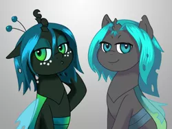 Size: 758x569 | Tagged: artist:syggie, ask the changeling princess, changeling, cute, cutealis, derpibooru import, female, filly, filly queen chrysalis, foal, gradient background, nymph, oc, oc:sketchy, princess chrysalis, queen chrysalis, safe, style emulation, younger