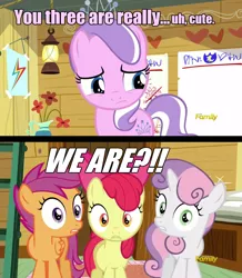 Size: 960x1100 | Tagged: apple bloom, clubhouse, crusaders clubhouse, crusaders of the lost mark, cutie mark crusaders, derpibooru import, diamond tiara, image macro, meme, safe, scootaloo, screencap, surprised, sweetie belle, wide eyes