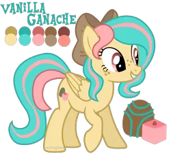 Size: 2754x2472 | Tagged: safe, artist:matteglaze, derpibooru import, oc, oc:vanilla ganache, unofficial characters only, pegasus, pony, bow, cute, cutie mark, freckles, grin, hair bow, raised hoof, reference sheet, solo