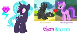 Size: 869x406 | Tagged: safe, derpibooru import, amethyst star, thunderlane, oc, oc:gem storm, pegasus, pony, unicorn, female, male, mare, offspring, parent:amethyst star, parent:thunderlane, parents:amethystlane, shipping, stallion, straight