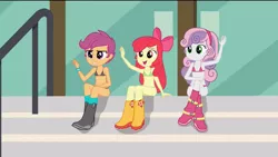 Size: 1920x1080 | Tagged: suggestive, derpibooru import, edit, edited screencap, screencap, apple bloom, scootaloo, sweetie belle, equestria girls, friendship games, belly button, boots, bra, breasts, clothes, cutie mark crusaders, delicious flat chest, midriff, panties, shoes, underwear, underwear edit