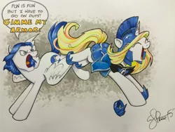 Size: 650x488 | Tagged: annoyed, armor, artist:andypriceart, chase, derpibooru import, excited, fanfic art, female, fun, horn ring, male, oc, oc:crystal wishes, oc:silent knight, offspring, offspring shipping, open mouth, parent:jet set, parents:upperset, parent:upper crust, ring, safe, shipping, silentwishes, smiling, source needed, speech bubble, straight, talking, unofficial characters only, yelling