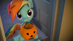 Size: 3840x2160 | Tagged: safe, artist:psfmer, derpibooru import, rainbow dash, 3d, cute, dashabetes, door, halloween, jack-o-lantern, mouth hold, pumpkin, pumpkin bucket, sitting, solo, source filmmaker, trick or treat