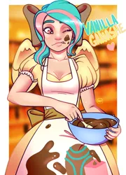 Size: 688x954 | Tagged: apron, artist:alvrexadpot, bow, bowl, chocolate, clothes, derpibooru import, dress, hair bow, human, humanized, mess, mixing bowl, oc, oc:vanilla ganache, safe, solo, unofficial characters only, winged humanization