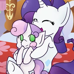 Size: 500x500 | Tagged: safe, artist:wisheslotus, derpibooru import, rarity, sweetie belle, pony, unicorn, bed, cuddling, cute, duo, eyes closed, female, filly, hug, mare, pillow, sisters, smiling, snuggling, underhoof