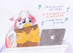 Size: 1239x900 | Tagged: apple bloom, artist:foxxy-arts, classical hippogriff, crusaders of the lost mark, cutie mark crusaders, derpibooru import, hippogriff, macbook, oc, oc:foxxy hooves, reaction, safe, scootaloo, song, sweetie belle, traditional art