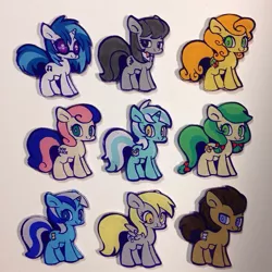 Size: 1024x1024 | Tagged: safe, artist:mosamosa_n, derpibooru import, apple fritter, bon bon, carrot top, derpy hooves, doctor whooves, golden harvest, lyra heartstrings, minuette, octavia melody, sweetie drops, time turner, vinyl scratch, pony, apple family member, background pony, bedroom eyes, charms, looking at you, male, stallion, traditional art