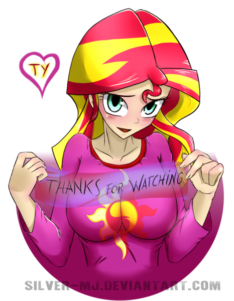 Size: 1024x1319 | Tagged: safe, artist:silver-wingx, derpibooru import, sunset shimmer, equestria girls, bashful, blushing, breasts, busty sunset shimmer, clothes, cutie mark, cutie mark on clothes, deviantart, female, heart, human coloration, image, pajamas, png, simple background, solo, thank you, transparent background