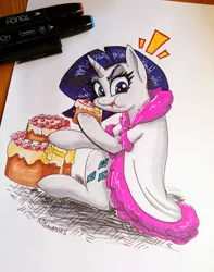 Size: 2862x3630 | Tagged: artist:sigmanas, back, bathrobe, cake, caught, clothes, derpibooru import, eating, hoof hold, rarity, robe, safe, sitting, solo, surprised, :t, this will end in weight gain, traditional art, щщоки