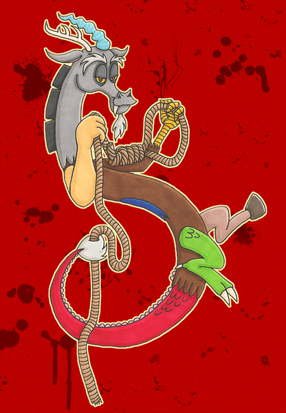 Size: 831x1200 | Tagged: artist:jadeile, derpibooru import, discord, implied hanging, noose, rope, safe, solo