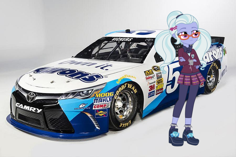 Size: 900x600 | Tagged: safe, derpibooru import, sugarcoat, equestria girls, friendship games, brian vickers, car, clothes, crystal prep academy uniform, glasses, nascar, pigtails, racecar, school uniform, sprint cup, toyota camry, twintails