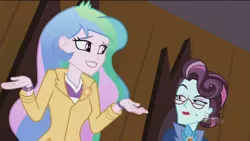 Size: 1440x810 | Tagged: safe, derpibooru import, screencap, princess celestia, principal abacus cinch, equestria girls, friendship games, dunno, grin, nervous, nervous grin, principal celestia, shrug, smiling