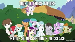 Size: 1000x563 | Tagged: safe, derpibooru import, screencap, aura (character), boysenberry, cotton cloudy, diamond tiara, gallop j. fry, peach fuzz, pipsqueak, silver spoon, sweetie belle, train tracks (character), truffle shuffle, earth pony, pegasus, pony, unicorn, season 4, twilight time, bush, bushicorn, caption, colt, female, filly, foal, glasses, image macro, impact font, male, meme, missing accessory