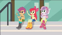 Size: 1920x1080 | Tagged: suggestive, derpibooru import, edit, edited screencap, screencap, apple bloom, scootaloo, sweetie belle, equestria girls, friendship games, belly button, boots, bra, breasts, clothes, cutie mark crusaders, delicious flat chest, female, females only, jeans, midriff, pants, shorts, sitting, skirt, underwear, underwear edit, waving