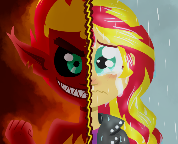 Size: 680x550 | Tagged: safe, artist:alittleofsomething, derpibooru import, sunset shimmer, fanfic, equestria girls, crying, duality, fanfic art, fanfic cover, sad, sunsad shimmer, sunset satan, wet, wet hair