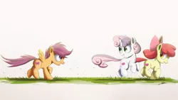 Size: 1920x1080 | Tagged: safe, artist:ncmares, derpibooru import, apple bloom, scootaloo, sweetie belle, earth pony, pegasus, pony, unicorn, crusaders of the lost mark, adorabloom, backwards cutie mark, cute, cutealoo, cutie mark, cutie mark crusaders, diasweetes, female, filly, grass, it happened, looking back, ncmares is trying to murder us, open mouth, running, signature, simple background, the cmc's cutie marks