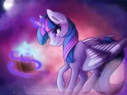 Size: 1200x900 | Tagged: safe, artist:silentwulv, derpibooru import, twilight sparkle, twilight sparkle (alicorn), alicorn, butterfly, pony, book, cloud, cloudy, female, magic, mare, moon, night, raised hoof, raised leg, reading, solo, telekinesis