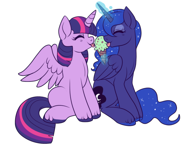 Size: 636x511 | Tagged: safe, artist:lulubell, derpibooru import, princess luna, twilight sparkle, twilight sparkle (alicorn), alicorn, pony, blushing, cute, eyes closed, female, ice cream, ice cream cone, lesbian, licking, lunabetes, magic, mare, pistachio (ice cream), shipping, simple background, sitting, telekinesis, tongue out, transparent background, twiabetes, twiluna