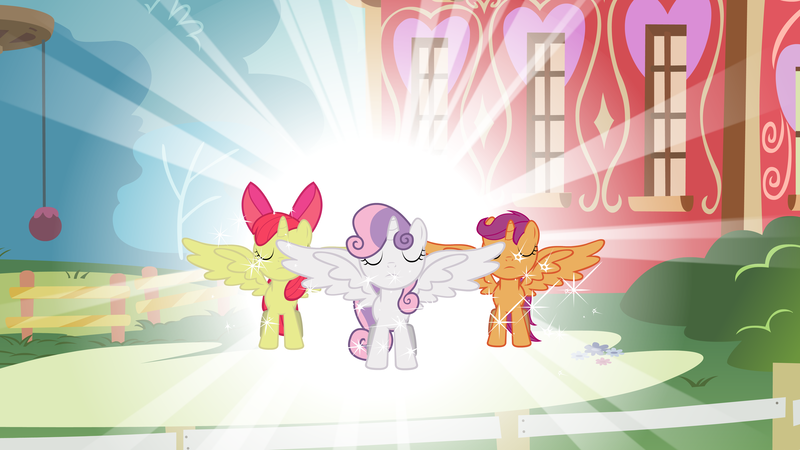 Size: 4949x2784 | Tagged: safe, artist:drakinite, derpibooru import, apple bloom, scootaloo, sweetie belle, alicorn, pony, crusaders of the lost mark, magical mystery cure, alicorn flash, ascension, bloomicorn, cutie mark crusaders, larson you magnificent bastard, m.a. larson, meme, race swap, scootacorn, sweetiecorn, thanks m.a. larson, wat, wtf, xk-class end-of-the-world scenario