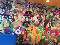 Size: 600x450 | Tagged: safe, artist:kayo horaguchi, derpibooru import, applejack, fluttershy, pinkie pie, rainbow dash, rarity, twilight sparkle, twilight sparkle (alicorn), alicorn, bear, pony, rabbit, cutie mark magic, japanese, mane six, mural, my little pony cafe, traditional art