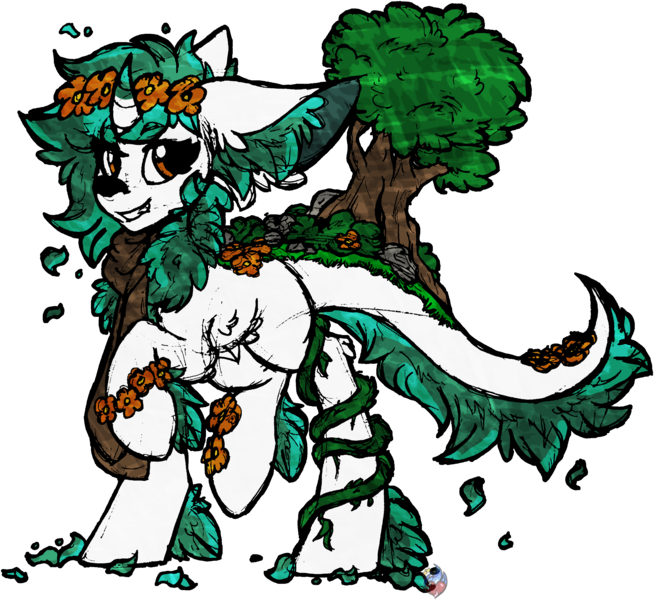 Size: 3229x2964 | Tagged: safe, artist:iroxykun, derpibooru import, oc, oc:sylva, unofficial characters only, earth pony, original species, custom, female, floral head wreath, flower, lutei, tree, vine