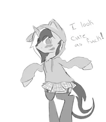 Size: 2600x3000 | Tagged: cat hoodie, clothes, crossdressing, derpibooru import, garter belt, male, monochrome, oc, oc:ethereal trails, safe, skirt, socks, solo, thigh highs, trap, unofficial characters only, vulgar