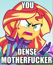 Size: 577x706 | Tagged: safe, derpibooru import, screencap, sunset shimmer, equestria girls, friendship games, angry, animation error, caption, gunshow, image macro, meme, reaction image, solo, vulgar, you dense motherfucker