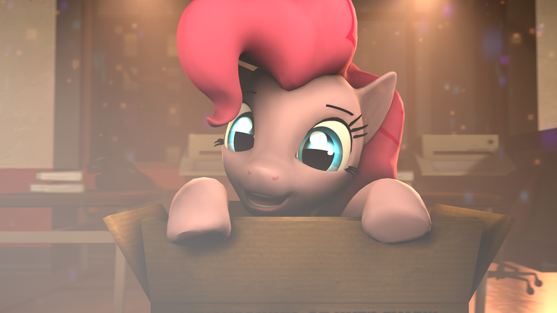 Size: 1920x1080 | Tagged: safe, artist:star-lightstarbright, derpibooru import, pinkie pie, pony, 3d, box, cute, diapinkes, glowing eyes, looking at you, pony in a box, solo, source filmmaker, weapons-grade cute