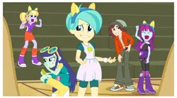 Size: 1517x837 | Tagged: safe, derpibooru import, screencap, blueberry cake, cloudy kicks, mystery mint, normal norman, tennis match, equestria girls, friendship games, background human, eyes closed, faic, photo, smiling