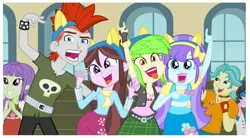 Size: 1511x836 | Tagged: safe, derpibooru import, screencap, aqua blossom, brawly beats, cherry crash, crimson napalm, ringo, starlight, velvet sky, equestria girls, friendship games, background human, devil horn (gesture), faic, right there in front of me, rocker, smiling, tongue out