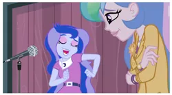 Size: 1512x838 | Tagged: safe, derpibooru import, screencap, princess celestia, princess luna, equestria girls, friendship games, adorkable, cute, dancing, dork, eyes closed, lunabetes, microphone, open mouth, principal celestia, silly, silly human, smiling, vice principal luna