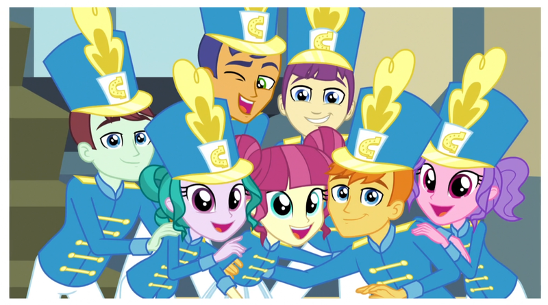 Size: 1513x841 | Tagged: safe, derpibooru import, screencap, majorette, sweeten sour, equestria girls, friendship games, azura, background human, chip labiatae, clothes, cute, faic, group photo, happy, hat, marching band, marching band uniform, shako, smiling, uniform