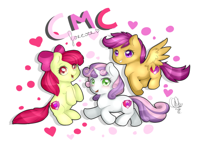 Size: 2271x1625 | Tagged: apple bloom, artist:pillonchou, crusaders of the lost mark, cutie mark, cutie mark crusaders, derpibooru import, heart, it happened, looking at you, open mouth, safe, scootaloo, signature, sweetie belle, the cmc's cutie marks, trio