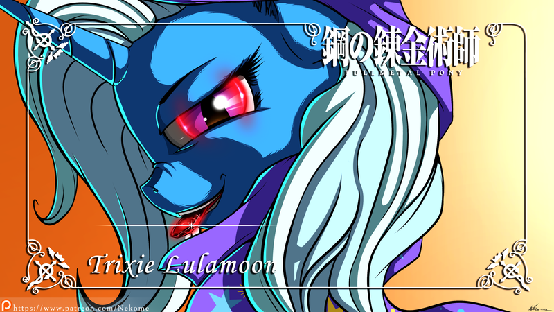 Size: 3840x2160 | Tagged: safe, artist:neko-me, derpibooru import, trixie, pony, unicorn, female, fullmetal alchemist, glowing eyes, looking at you, mare, mouth hold, nose wrinkle, patreon, philosopher's stone, red eyes, smirk, solo