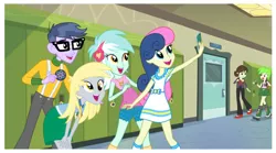 Size: 1515x845 | Tagged: safe, derpibooru import, screencap, bon bon, cherry crash, derpy hooves, lyra heartstrings, microchips, sophisticata, sweetie drops, equestria girls, friendship games, adorabon, background human, cute, derpabetes, end credits, group photo, lyrabetes, mobile phone, phone, right there in front of me, selfie, smiling