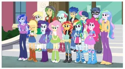 Size: 1513x837 | Tagged: safe, derpibooru import, screencap, applejack, bon bon, derpy hooves, flash sentry, fluttershy, lyra heartstrings, microchips, pinkie pie, princess celestia, princess luna, rainbow dash, rarity, sandalwood, sunset shimmer, sweetie drops, equestria girls, friendship games, background human, canterlot high, clothes, eyes closed, faic, group photo, humane five, pre sneeze, principal celestia, right there in front of me, shipping fuel, skirt, smiling, sneezing, vice principal luna, wondercolts