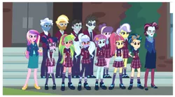 Size: 1509x836 | Tagged: safe, derpibooru import, screencap, indigo zap, jet set, lemon zest, neon lights, pokey pierce, princess cadance, principal abacus cinch, rising star, sci-twi, sour sweet, sugarcoat, sunny flare, suri polomare, trenderhoof, twilight sparkle, upper crust, equestria girls, friendship games, awkward smile, crystal prep academy, crystal prep academy students, crystal prep shadowbolts, dean cadance, group photo, shadow five