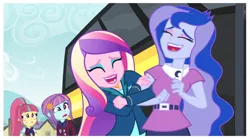 Size: 1512x840 | Tagged: safe, derpibooru import, screencap, princess cadance, princess luna, sour sweet, sunny flare, equestria girls, friendship games, bus, cute, dean cadance, end credits, eyes closed, faic, laughing, laughingmares.jpg, right there in front of me, vice principal luna, wtf face