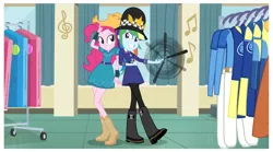 Size: 1513x840 | Tagged: safe, derpibooru import, screencap, pinkie pie, rainbow dash, equestria girls, friendship games, back to back, boots, cowboy boots, farmer pinkie, outfit, police uniform, rozzer dash, smiling