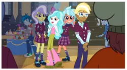 Size: 1510x841 | Tagged: safe, derpibooru import, screencap, frosty orange, normal norman, paisley, thunderbass, trenderhoof, trixie, upper crust, equestria girls, friendship games, background human, clothes, crystal prep academy students, crystal prep academy uniform, group photo, right there in front of me, school uniform, smiling, thumbs up