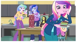 Size: 1512x838 | Tagged: safe, deleted from derpibooru, derpibooru import, screencap, princess cadance, princess celestia, princess luna, equestria girls, friendship games, :t, cake, cakelestia, caught, dean cadance, eating, end credits, looking at you, mona lisa, open mouth, picture, principal celestia, right there in front of me, trio, vice principal luna, wide eyes