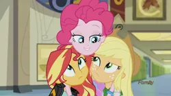 Size: 1440x805 | Tagged: safe, derpibooru import, applejack, pinkie pie, sunset shimmer, equestria girls, friendship games, applejack the anti-shipper, bedroom eyes, now kiss, shipper on deck, shipping fuel