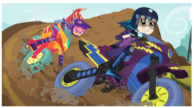 Size: 1501x842 | Tagged: safe, derpibooru import, screencap, indigo zap, sunset shimmer, equestria girls, friendship games, dirt, motorcross, motorcycle, smiling