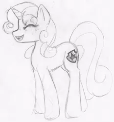 Size: 513x550 | Tagged: safe, artist:fiji-firefox, derpibooru import, sweetie belle, pony, unicorn, crusaders of the lost mark, cutie mark, eyes closed, female, filly, monochrome, solo, the cmc's cutie marks, traditional art