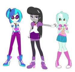 Size: 2413x2350 | Tagged: safe, artist:katedoof, derpibooru import, lyra heartstrings, octavia melody, vinyl scratch, equestria girls, rainbow rocks, accessory swap, alternate hairstyle, alternate universe, amulet, clothes, clothes swap, fingerless gloves, gloves, group, long hair, looking at you, necklace, simple background, sunglasses, the dazzlings, transparent background, trio, vector, wristband
