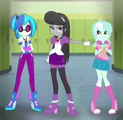 Size: 2413x2350 | Tagged: safe, artist:katedoof, derpibooru import, lyra heartstrings, octavia melody, vinyl scratch, equestria girls, rainbow rocks, accessory swap, alternate hairstyle, alternate universe, amulet, canterlot high, clothes, clothes swap, fingerless gloves, gloves, group, long hair, looking at you, necklace, sunglasses, the dazzlings, trio, vector, wristband