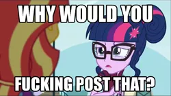 Size: 936x527 | Tagged: safe, derpibooru import, screencap, sci-twi, sunset shimmer, twilight sparkle, equestria girls, friendship games, image macro, impact font, meme, reaction image, vulgar, why would you post that
